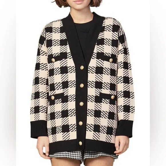 Sandro Checkered Knit Cardigan oversized Black Cream Gold Button V‑neck - Picture 7 of 7